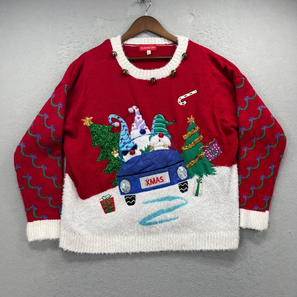 Blizzard Bay Ugly Christmas Sweater Womens L Red Gnomes Car Jingle Bells Festive